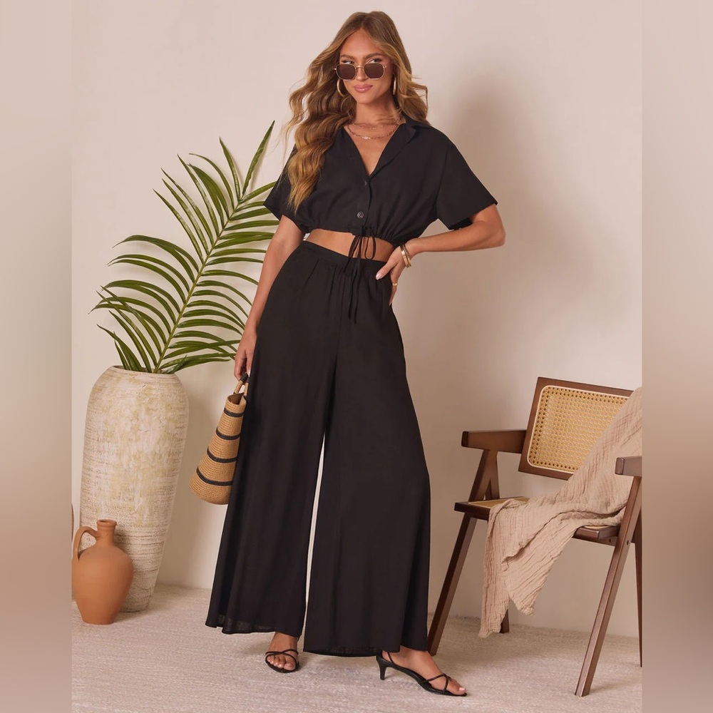NEW VICI Linen Gabbie Short Sleeve Button Up Top and High Rise Pants Outfit Set - Picture 6 of 16